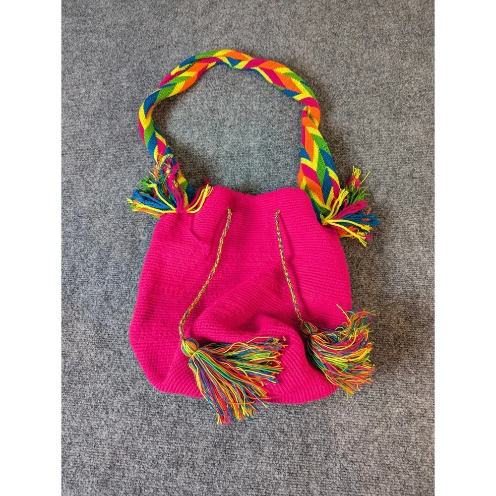 Original Handmade Wayuu Shoulder Bag From Colombia Fuchsia Color